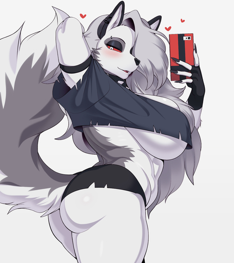 2021 absurd_res anthro big_breasts blush breasts butt canid canid_demon canine cellphone cervina7_(artist) clothing collar crop_top demon ear_piercing ear_ring eyebrow_piercing eyebrow_ring facial_piercing female fingerless_gloves fur gloves grey_body grey_fur grey_hair hair hand_behind_head handwear hellhound helluva_boss hi_res huge_breasts loona_(vivzmind) mammal phone piercing red_sclera shirt smartphone solo spiked_collar spikes topwear white_body white_eyes white_fur // 5649x6338 // 1.9MB