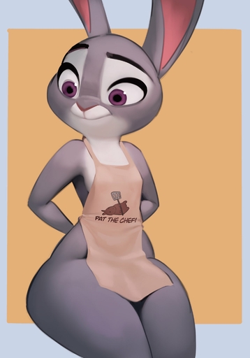 2022 anthro apron apron_only clothing female fur grey_body grey_fur hi_res judy_hopps lagomorph leporid long_ears mammal mostly_nude multicolored_body multicolored_fur purple_eyes qupostuv35 rabbit simple_background smile solo thick_thighs two_tone_body two_tone_fur white_body white_fur // 1431x2048 // 118.7KB
