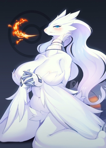 2022 anthro anthrofied blue_eyes blush breasts claws dragon female fire hi_res legendary_pokemon looking_at_viewer navel pokemon_(species) reshiram simple_background solo video_games whooo-ya // 1463x2048 // 199.2KB