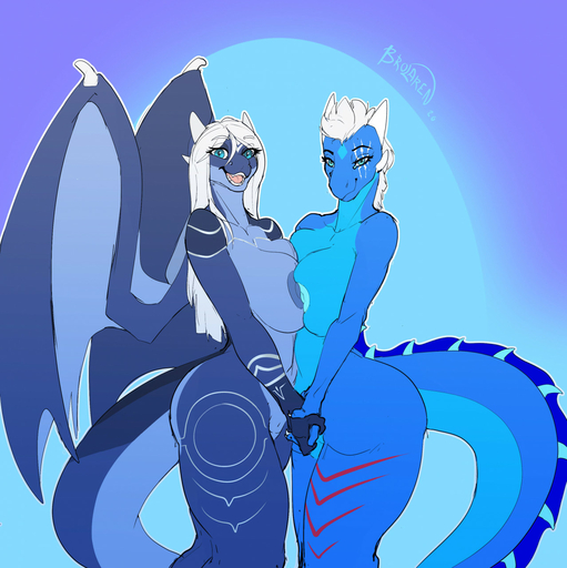 2020 anthro anthro_on_anthro areola big_breasts blue_background blue_eyes breast_squish breasts breasts_frottage brolaren digital_media_(artwork) dragon duo female femalefemale fingers hair hand_holding hi_res interlocked_fingers looking_at_viewer membrane_(anatomy) membranous_wings nipples nipples_touching open_mouth open_smile portrait scalie simple_background smile squish stripes teeth three-quarter_portrait tongue white_hair wings // 1278x1280 // 274.8KB