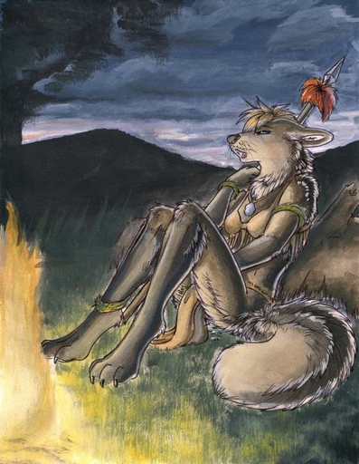 anthro biped blue_eyes canid canine female mammal melee_weapon painting_(artwork) polearm ruaidri sitting solo traditional_media_(artwork) weapon // 634x818 // 110KB