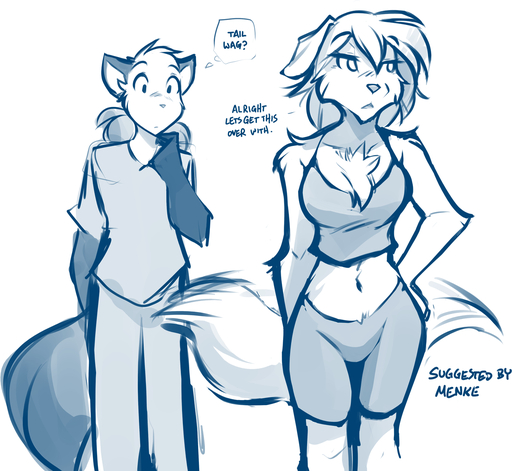 2019 after_transformation anthro blue_and_white blush bottomwear breasts canid canine canis chest_tuft cleavage clothed clothing conditional_dnp crossgender dialogue domestic_dog duo embarrassed english_text evals female fox gloves_(marking) hair hand_on_hip hi_res keidran male malefemale mammal markings midriff mike_(twokinds) monochrome mtf_crossgender navel ponytail shorts simple_background sketch tailwag text thought_bubble tom_fischbach tsundere tuft twokinds webcomic webcomic_character white_background // 1344x1237 // 552.9KB