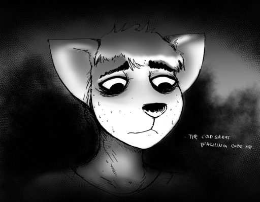 2021 anthro bags_under_eyes bodily_fluids canid canine canis comic daniel_(hladilnik) hi_res hladilnik male mammal monochrome scared solo sweat wolf // 1646x1280 // 1.1MB