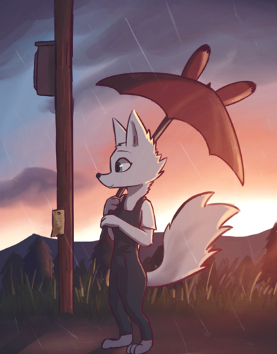 anthro arctic_fox canid canine clothed clothing cloud detailed_background disney enginetrap female fox fur grass hi_res mammal outside overalls plant raining sky skye_(zootopia) solo standing umbrella vulpes white_body white_fur zootopia // 1383x1768 // 2.1MB
