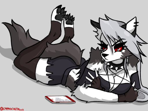 2019 4_toes 5_fingers anthro big_breasts black_clothing black_fingerless_gloves black_gloves black_handwear breast_squeeze breasts butt canid canid_demon canine canis capaoculta cellphone choker claws cleavage clothed clothing demon digital_drawing_(artwork) digital_media_(artwork) feet female fingerless_gloves fingers fur gloves grey_background hand_on_breast handwear hellhound helluva_boss hi_res holding_breast humanoid_hands jewelry legwear loona_(vivzmind) lying mammal necklace on_front pawpads phone red_sclera signature simple_background solo stockings toe_claws toes white_body white_eyes white_fur // 2732x2048 // 1.5MB
