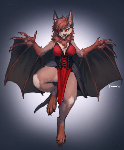 anthro bat_wings blood bodily_fluids breasts chiropteran claws clothed clothing dress fangs female foxovh fur hi_res looking_at_viewer mammal membrane_(anatomy) membranous_wings microchiropteran navel neck_tuft nipples phyllostomid red_eyes solo tan_body tan_fur tuft vampire_bat winged_arms wings yangochiropteran // 1057x1280 // 732.3KB