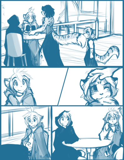 2015 adira_(twokinds) anthro blue_and_white blush chest_tuft cloak clothing comic conditional_dnp cub felid female flora_(twokinds) fur group hair human keidran leopard maeve_(twokinds) male mammal monochrome nom outside pantherine simple_background sketch snow_leopard sound_effects tiger tom_fischbach trace_legacy tuft twokinds webcomic webcomic_character white_background young // 850x1100 // 192.6KB