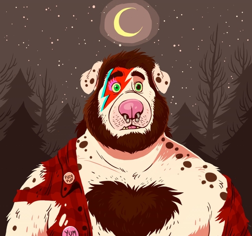 anthro body_hair bodypaint canid canine canis chest_hair clothing detailed_background domestic_dog dramamine face_paint facial_hair facial_piercing forest male mammal moon open_mouth outside piercing pin_button plant solo torn_clothing tree // 1280x1199 // 203.2KB
