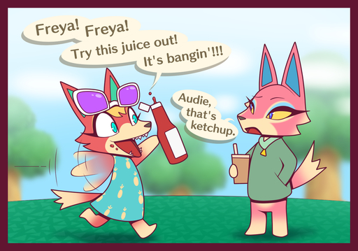 animal_crossing anthro audie_(animal_crossing) border canid canine canis clothed clothing cute_fangs english_text eyewear eyewear_on_head fangs female food freya_(animal_crossing) glasses humor ketchup ketchup_bottle mammal nintendo r-mk red_border speech_bubble standing sunglasses sunglasses_on_head text video_games wolf // 1365x957 // 613.1KB
