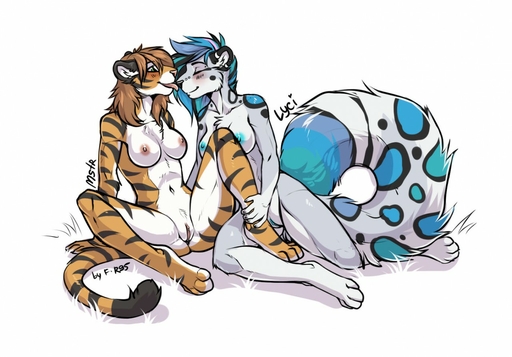 2015 anthro blush breasts casual_nudity digital_media_(artwork) duo f-r95 facial_piercing felid female femalefemale fur genitals hair licking mammal nipples nude pantherine piercing pussy romantic_couple spread_legs spreading tiger tongue tongue_out // 1280x892 // 178KB