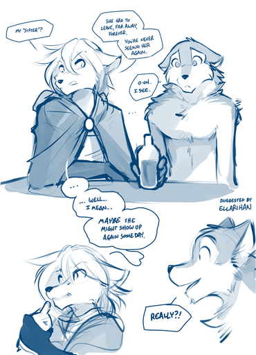 2020 ambiguous_gender annoyed anthro blue_and_white blush bottle brutus_(twokinds) canid canine canis cape chest_tuft clothed clothing clovis_(twokinds) conditional_dnp dialogue duo english_text fox gloves_(marking) holding_object hybrid keidran male mammal markings monochrome open_mouth relieved sad simple_background sketch smile text tom_fischbach topless tuft twokinds webcomic webcomic_character white_background wolf // 848x1172 // 508.5KB