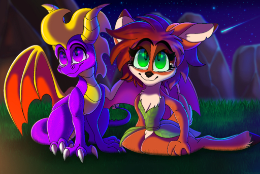 2019 activision anthro brown_hair cervid claws detailed_background digital_media_(artwork) dragon elora faun_(spyro) grass green_eyes hair hi_res horn mammal membrane_(anatomy) membranous_wings multicolored_body night outside plaguedogs123 plant purple_eyes scales scalie sitting sky spines spyro spyro_the_dragon star starry_sky two_tone_body video_games western_dragon wings // 1824x1224 // 1.8MB