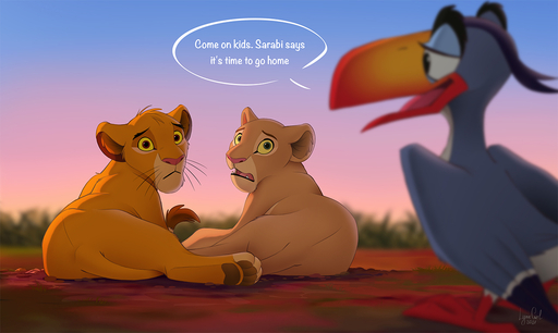 avian bird bucerotiform cub english_text felid female feral group hindpaw hornbill lion looking_at_another looking_back lying male mammal nala open_mouth outside pantherine pawpads paws reallynxgirl red-billed_hornbill simba speech_bubble sunset text young zazu // 1280x765 // 389.4KB