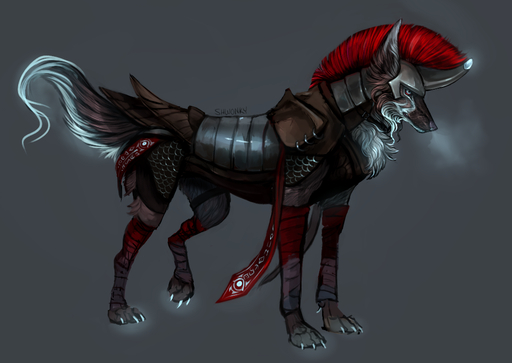 2015 ambiguous_gender armor blue_eyes canid canine digital_media_(artwork) feral mammal quadruped shwonky simple_background solo standing // 1073x761 // 458.6KB
