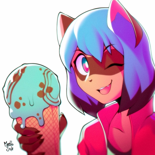 1:1 2020 anthro blue_hair canid canine clothed clothing dessert digital_media_(artwork) facial_markings female food hair head_markings hi_res holding_food holding_object ice_cream looking_at_viewer mammal marblesoda markings mask_(marking) michiru_kagemori multicolored_eyes one_eye_closed open_mouth open_smile raccoon_dog short_hair signature simple_background smile solo tanuki white_background wink // 2048x2048 // 550.2KB