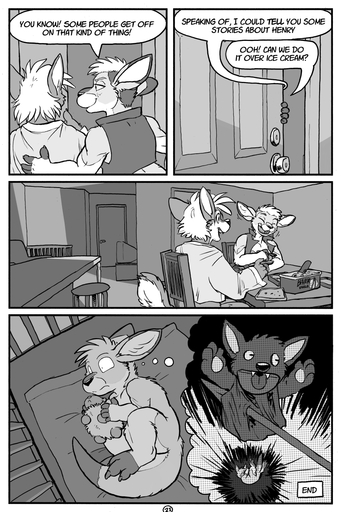 2016 adrian_gray ali_gray anthro bed bottomless canid canine canis casual_exposure clothed clothing comic cub dessert dialogue digital_media_(artwork) dream english_text female femalefemale food fur furniture greyscale group hair hi_res hildegard_rothschild ice_cream kangaroo kitchen macropod male mammal marsupial monochrome muscular nightmare plushie puppet rick_griffin speech_bubble text wolf young // 875x1313 // 540.8KB