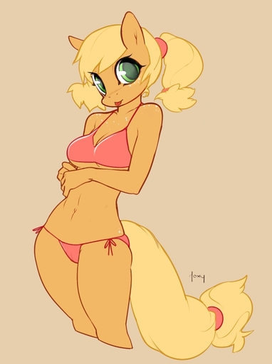 anthro anthrofied applejack_(mlp) bikini breasts camel_toe clothed clothing doxy earth_pony equid equine female freckles horse looking_at_viewer mammal medium_breasts pony skimpy solo swimwear tongue tongue_out // 600x805 // 76.9KB