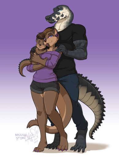 ambiguous_gender anthro biceps clothed clothing crocodile crocodilian crocodylid cub family family_portrait female group hi_res hybrid kittydee looking_at_viewer lutrine male mammal muscular mustelid reptile scalie smile young // 969x1280 // 512.6KB
