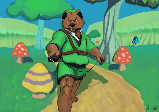 2020 5_toes >:) absurd_res anthro armor bearphones brown_bear brown_body brown_fur claws clothing controller detailed_background feet fighting_pose front_view fungus fur game_controller green_theme grizzly_bear hat headgear headphones headwear hi_res holding_controller holding_object looking_at_viewer male mammal mushroom neck_tuft nintendo nintendo_controller open_mouth outside plant pose sabrotiger signature skyward_sword smaller_version_at_source solo the_legend_of_zelda the_legend_of_zelda:_skyward_sword toes tree tuft tunic ursid ursine video_games wii wii_nunchuk wii_remote yellow_eyes // 4299x3036 // 8.2MB