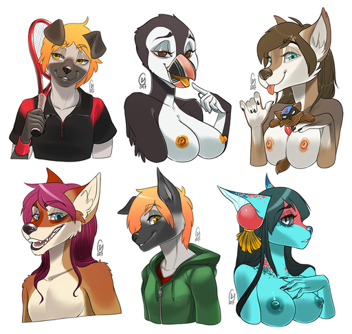 2017 alcid anthro atlantic_puffin avian bird breasts canid canine clothed clothing female fur furlana gesture group hair hoodie lari looking_at_viewer male mammal nipples nude pearl_(boolean) pointing puffin smile tennis_racket tongue tongue_out topwear toy // 1200x1140 // 732.8KB