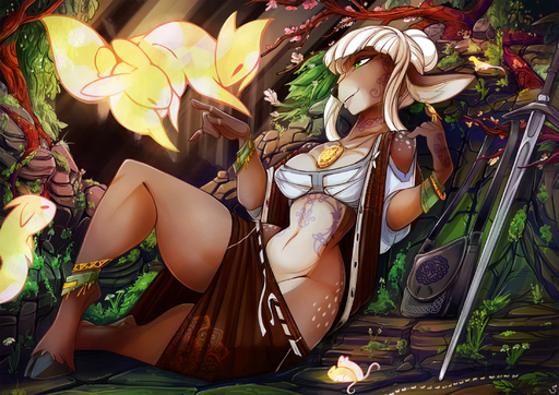 2018 5_fingers anthro black_nose breasts cervid clothed clothing detailed_background female feral fingers flower forest green_eyes group hair handbag hi_res hooves jewelry mammal markings melee_weapon mouse murid murine navel necklace plant rodent sitting smile solo_focus spirale sword thick_thighs tree weapon white_hair wide_hips // 2200x1555 // 2.4MB