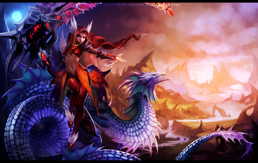 ambiguous_gender black_bars blue_body blue_scales clothed clothing day detailed_background digital_media_(artwork) dragon duo female feral hair hi_res holding_object holding_weapon juliathedragoncat letterbox melee_weapon navel outside polearm red_hair scales scythe weapon // 1900x1200 // 2.8MB