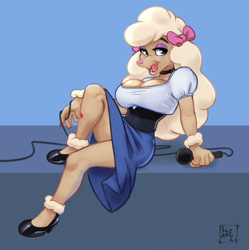absurd_res anthro blue_eyes bow_tie breasts brenda_springer canid canine canis choker clothing domestic_dog eyeshadow female footwear hi_res high_heels jewelry makeup mammal microphone necklace poodle shoes siroc solo // 2648x2661 // 1.7MB