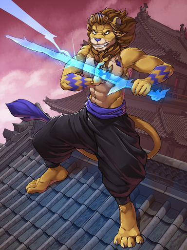 2019 3:4 4_toes 5_fingers anthro barefoot biped brown_hair clothed clothing day detailed_background digital_media_(artwork) feet felid fingers hair hi_res holding_object holding_weapon lion male mammal outside pantherine sky solo standing toes topless twinkle-sez weapon // 1500x2000 // 1.7MB