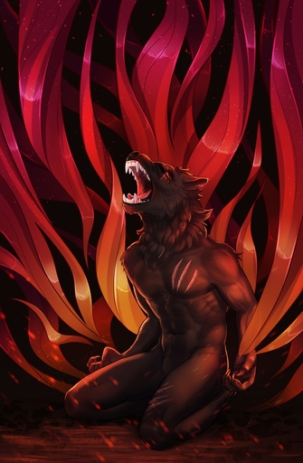 2018 5_fingers anthro biped black_body black_fur canid canine canis digital_media_(artwork) fingers fur hi_res kneeling lynncore male mammal nude open_mouth solo teeth tongue wolf // 837x1280 // 185.0KB