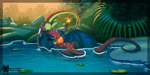 2:1 asian_mythology belly bodily_fluids bunsen cuthail_(kingdreki) digestion dragon drooling east_asian_mythology eastern_dragon feral fur furred_dragon hi_res jungle luckylombax mythology paws pond saliva scalie swallowing teeth vore water western_dragon wings // 3150x1575 // 6.3MB