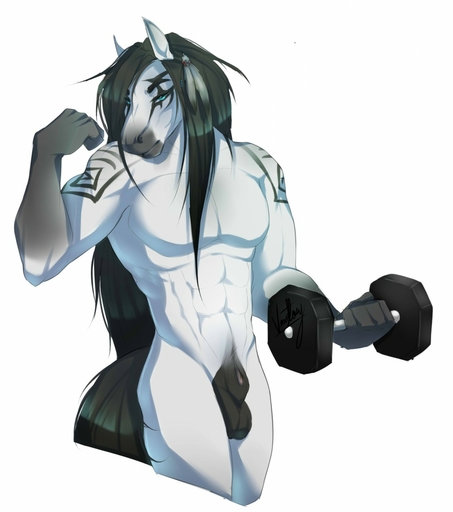2015 abs animal_genitalia anthro balls biceps biped blue_eyes equid equine exercise flexing fully_sheathed fur genitals grey_hair hair half-closed_eyes hi_res holding_object horse looking_at_viewer male mammal muscular muscular_anthro muscular_male narrowed_eyes nude pecs portrait sheath simple_background smile solo standing tattoo three-quarter_portrait vexstacy weightlifting weights white_background white_body white_fur workout // 1133x1280 // 130.9KB