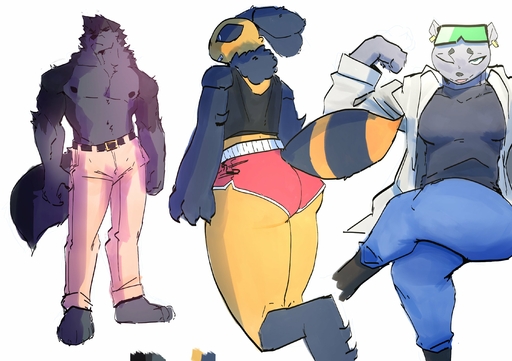 anthro arthropod bee belt bottomwear brand_new_animal canid canine canis clothed clothing coat colored_sketch crossed_legs female flexing goon_(goonie_san) goonie-san group hi_res hymenopteran insect lab_coat male mammal marie_itami mercy_(goonie-san) mink multiple_images mustelid musteline pants shirt shorts studio_trigger tank_top topless topless_male topwear true_musteline turtleneck visor wolf // 2894x2039 // 492.9KB