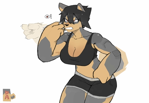 angry anthro bottomwear bra breasts canid canine canis cleavage clock clothed clothing domestic_dog female goonie-san growling gum_dung_(titania) hi_res mammal shorts solo sports_bra sportswear teeth underwear watch // 2876x2000 // 223.6KB