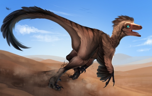 2018 3_toes blue_eyes brown_body brown_feathers day desert detailed_background digital_media_(artwork) dinosaur dromaeosaurid feathered_wings feathers feet feral hi_res k-dromka open_mouth outside reptile sand scalie sky teeth theropod toes tongue wings // 3048x1924 // 1.0MB