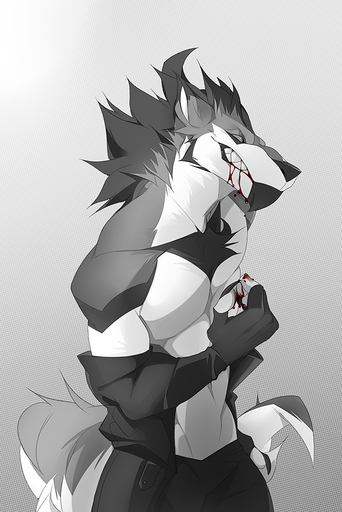 2019 anthro blood bodily_fluids canid canine canis digital_media_(artwork) fur hair kodashi male mammal simple_background solo standing wolf // 667x1000 // 1.9MB