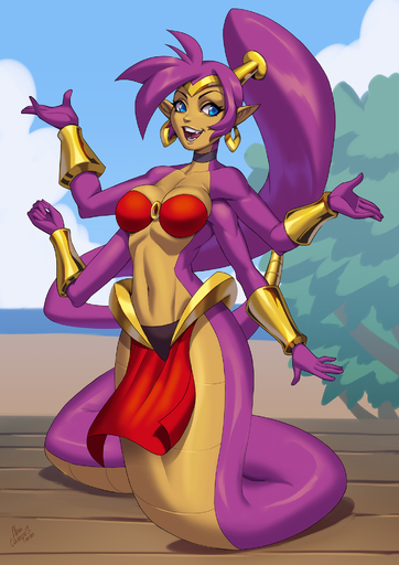 2020 4_arms 5_fingers alanscampos alternate_species anthro apode blue_eyes bottomwear bra breasts clothing cloud day draconcopode ear_piercing ear_ring female fingers hair hi_res humanoid_pointy_ears lamia legless loincloth long_hair multi_arm multi_limb non-mammal_breasts open_mouth piercing ponytail purple_hair reptile scalie serpentine shantae signature snake solo split_form underwear video_games // 1414x2000 // 1.0MB