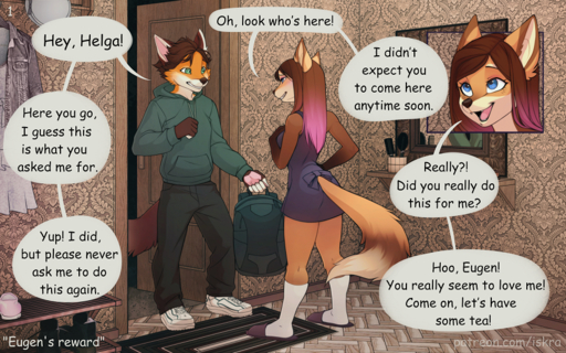 ! 2017 5_fingers ? anthro canid canine clothed clothing comic comic_sans dialogue digital_media_(artwork) english_text eugen_(iskra) female fingers forced_smile fox fully_clothed fur hair helga_(iskra) hoodie iskra looking_at_another male mammal shaded smile standing text topwear url // 900x562 // 1.0MB