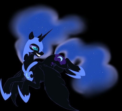 black_body black_feathers cutie_mark equid equine feathered_wings feathers female feral hair hioshiru horn horse long_hair mammal nightmare_moon_(mlp) smile solo winged_unicorn wings // 799x725 // 58.0KB
