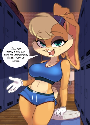 2022 absurd_res anthro blonde_hair bottomwear breasts cleavage clothed clothing crop_top detailed_background dialogue english_text female front_view fur gloves hair handwear hi_res hotpants lagomorph leporid locker_room lola_bunny looking_at_viewer mammal midriff open_mouth portrait rabbit shirt shorts siroc solo talking_to_viewer tan_body tan_fur text three-quarter_portrait topwear // 2886x3999 // 703.9KB