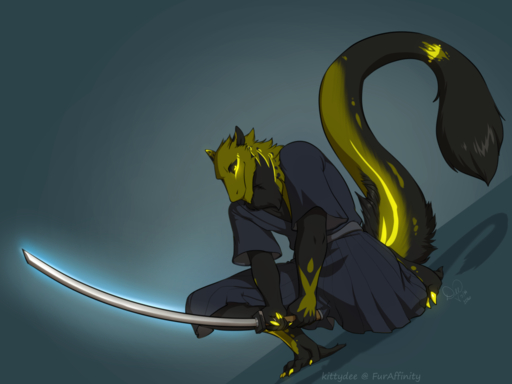 2016 4:3 anthro asian_clothing biped black_body black_fur blue_background claws clothed clothing digital_media_(artwork) east_asian_clothing english_text fur hakama half-closed_eyes holding_object holding_sword holding_weapon japanese_clothing katana kittydee kneeling looking_at_viewer male melee_weapon narrowed_eyes on_one_knee pupils raised_tail reymus reymus_bloodraven sergal signature simple_background slit_pupils smile solo sword tail_tuft text toe_claws tuft weapon yellow_body yellow_claws yellow_eyes yellow_fur // 1280x960 // 485.0KB
