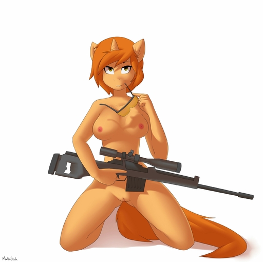 absurd_res anthro biped breasts digital_media_(artwork) equid equine eyewear fan_character female genitals green_eyes gun hair hi_res high_impact_(character) horn horse kneeling looking_at_viewer mammal marblesoda nipples nude pussy ranged_weapon rifle solo sunglasses unicorn weapon // 2696x2688 // 234KB