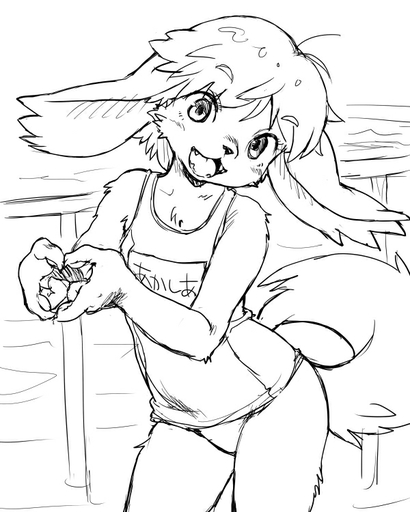 4:5 anthro black_and_white canid canine canis claws clothing cub domestic_dog fangs female flat_chested floppy_ears gesture hair hand_heart kemono kikurage long_ears looking_at_viewer mammal monochrome open_mouth school_swimsuit short_hair sketch solo swimwear water young // 600x750 // 154.2KB