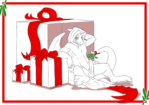 anthro blush border conditional_dnp dragon erection genitals gift hindpaw holidays horn humanoid_genitalia humanoid_penis kissing_bough male mistletoe nude paws penis plant ribbons scalie sefeiren simple_background sketch snow solo white_background white_border wings // 1100x777 // 213.4KB