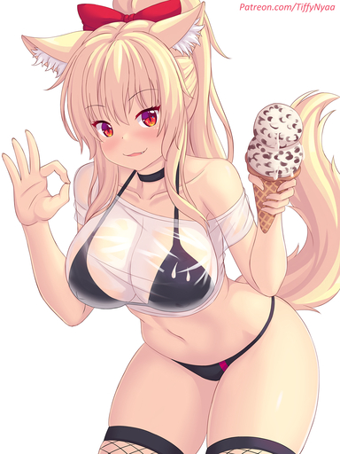 2021 2:3 5_fingers accessory animal_humanoid big_breasts bikini blonde_hair breasts choker clothed clothing dessert digital_media_(artwork) fastrunner2024 felid felid_humanoid female fingers food gesture hair hair_accessory hair_bow hair_ribbon hi_res holding_food holding_object humanoid ice_cream inner_ear_fluff jewelry long_hair looking_at_viewer mammal mammal_humanoid navel necklace ok_sign red_eyes ribbons shirt simple_background solo swimwear text tiffy_(fastrunner2024) topwear translucent translucent_clothing translucent_shirt translucent_topwear tuft url white_background // 1200x1600 // 1.2MB