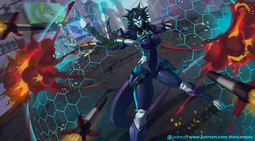 2018 alanscampos anthro armor black_hair blue_eyes breasts day detailed_background digital_media_(artwork) female hair hi_res mammal outside sky solo standing // 2000x1107 // 947KB