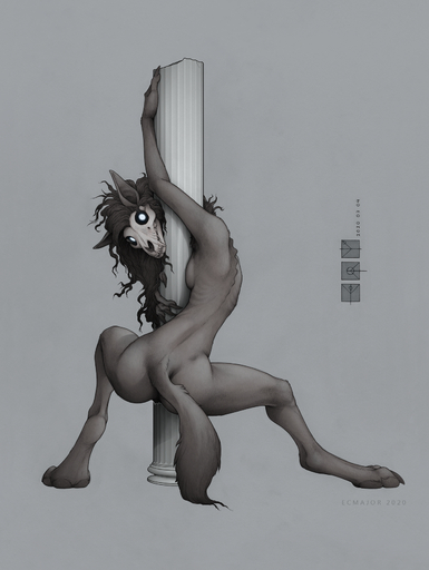 anthro black_hair bone breasts butt canid ecmajor female fur grey_body grey_fur hair hi_res long_hair looking_at_viewer malo mammal scp-1471 scp-1471-a scp_foundation side_boob simple_background skull solo // 1279x1701 // 2.4MB