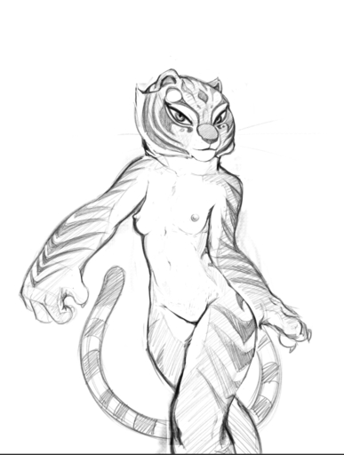 4_fingers anthro breasts claws featureless_crotch felid female fingers fur looking_at_viewer mammal master_tigress monochrome nipples pantherine sabrotiger sketch solo stripes tiger wide_hips // 570x755 // 184.3KB