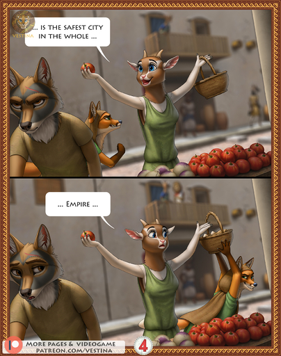 agatha_(vestina) ancient ancient_rome anthro apple basket biped bovid brown_body brown_fur canid canine canis caprine clothed clothing comic comic_panel container coyote detailed_background dialogue egg english_text evil_grin female food fox fruit fully_clothed fur goat group hi_res holding_object male malefemale mammal multicolored_body multicolored_fur open_mouth outside plant roman rome sand_fur servius_(vestina) slave smile speech_bubble spqr standing stealing street teeth text thief tongue tunic url vegetable vestina white_body white_fur // 1420x1800 // 1.5MB