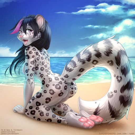 1:1 4_toes 5_fingers anthro bare_back beach biped black_hair black_spots breasts butt butt_pose casual_nudity day detailed_background digital_media_(artwork) featureless_breasts feet felid female fingers fur grey_body grey_fur hair inner_ear_fluff iskra kneeling leopard looking_at_viewer mammal nude open_mouth outside pantherine pawpads paws pink_nose pink_tongue pose purple_eyes sand seaside shaded sky smile snow_leopard solo spots spotted_body spotted_fur teeth text toes tongue tril-mizzrim tuft url whiskers // 1000x1000 // 1.4MB