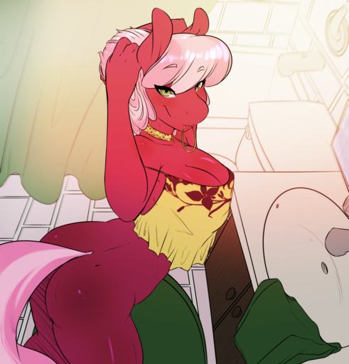 2015 anthro anthrofied avante92 bathroom bottomless breasts butt cheerilee_(mlp) cleavage clothed clothing earth_pony equid equine female green_eyes hair hi_res horse mammal mouth_hold multicolored_hair off_shoulder pony shirt solo topwear two_tone_hair // 1280x1335 // 1.5MB